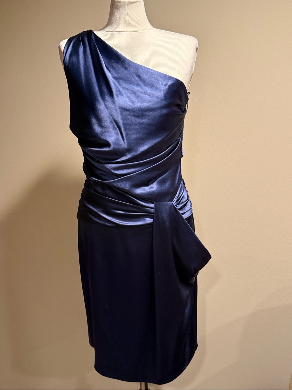 ABS Allen Schwartz One-Shoulder Navy Satin Mini Dress